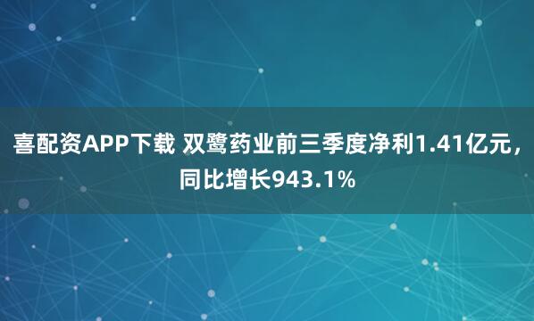 喜配资APP下载 双鹭药业前三季度净利1.41亿元，同比增长943.1%